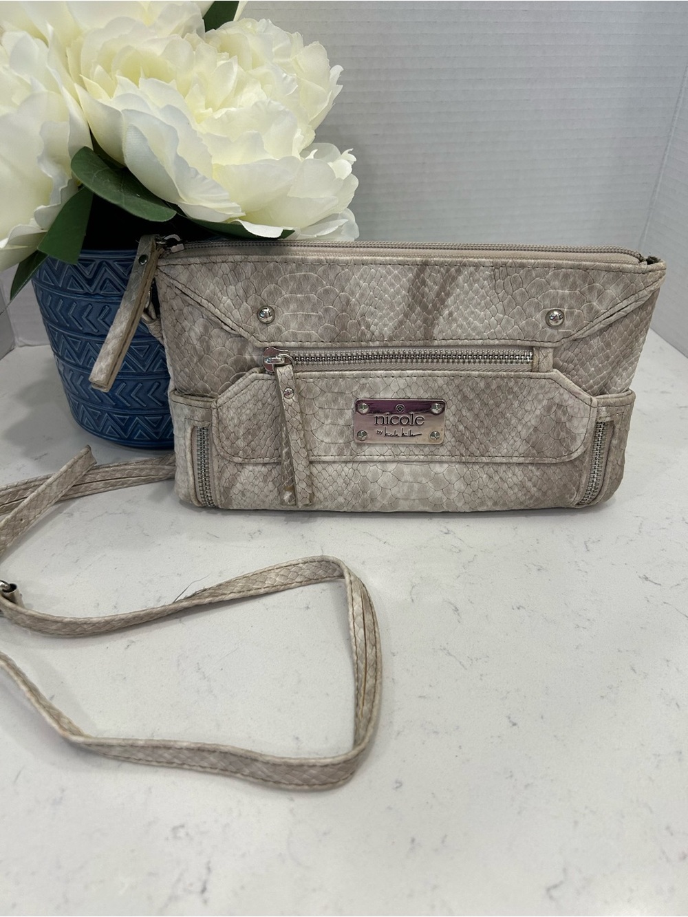Nicole by Nicole Miller Beige Snake-Embossed Crossbody Bag